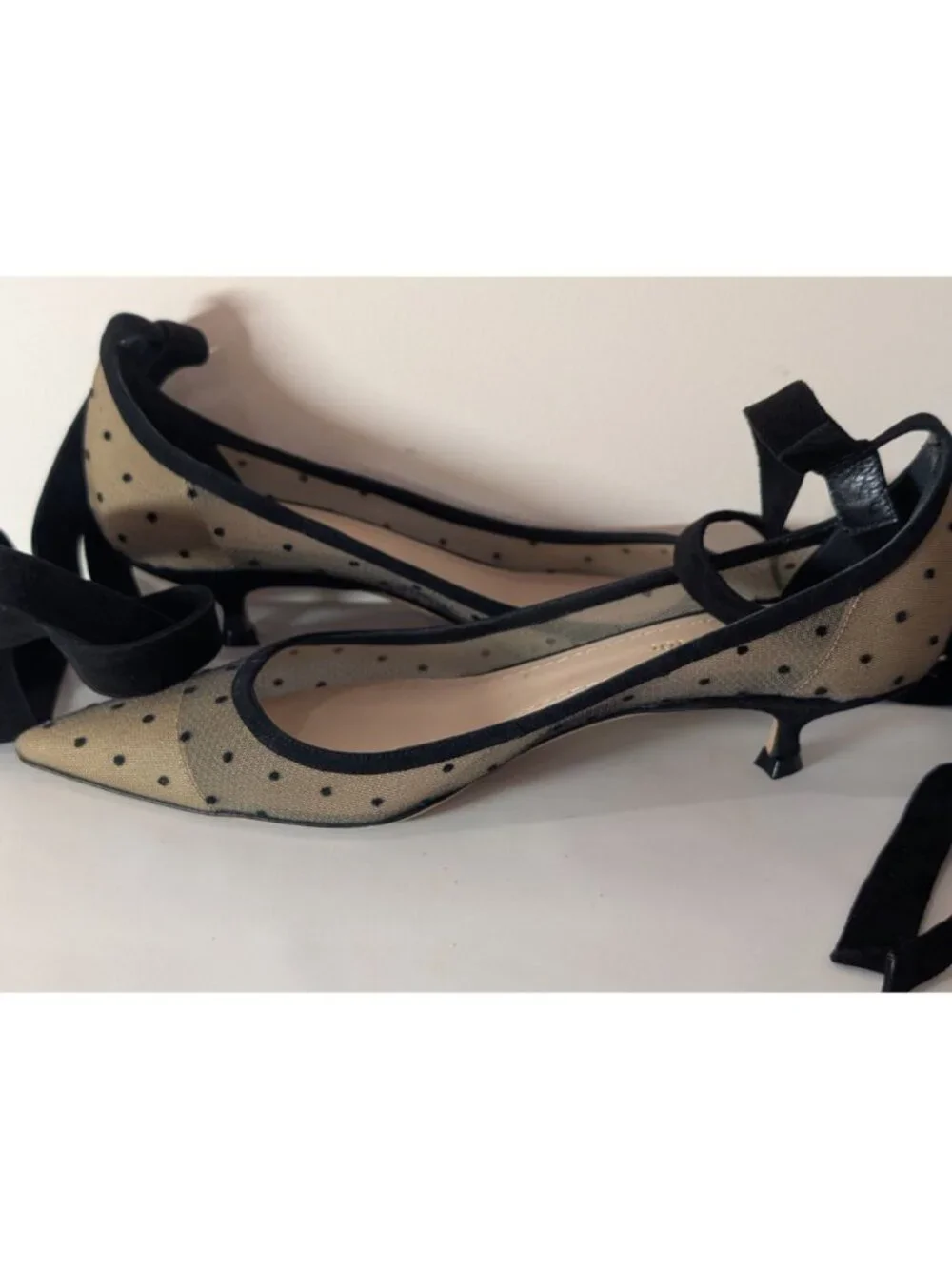 Christian Dior Black Mesh Suede Polka Dot Kitten Heel Pumps, Size 38